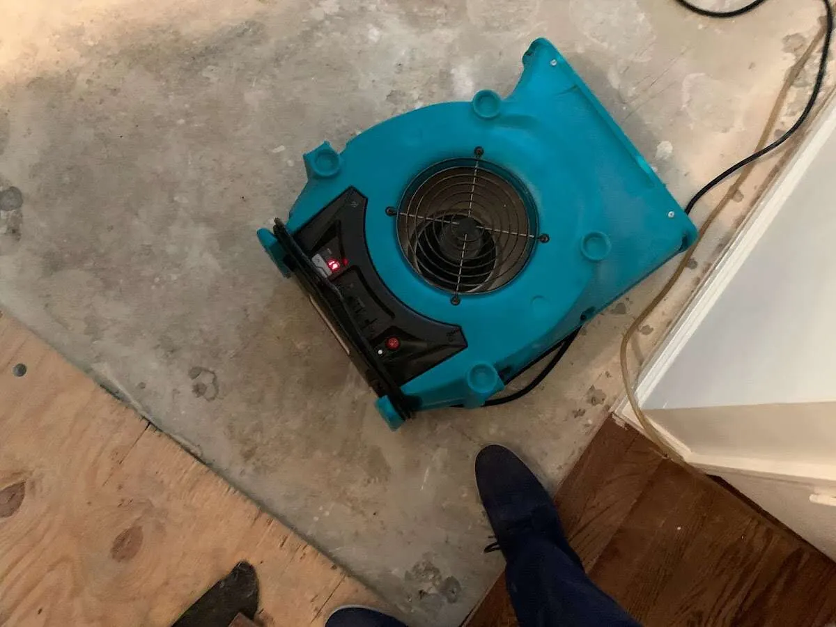 Air mover drying subfloor during Commercial Water Damage Restoration in Harrisburg